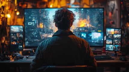 Obraz premium Gamer playing intense first-person shooter video game on multiple monitors in dimly lit room.