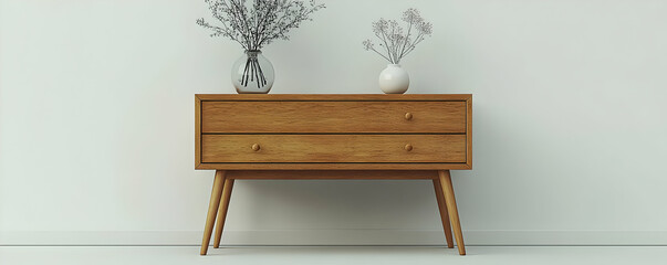 Wooden chest, flowers, minimalist room
