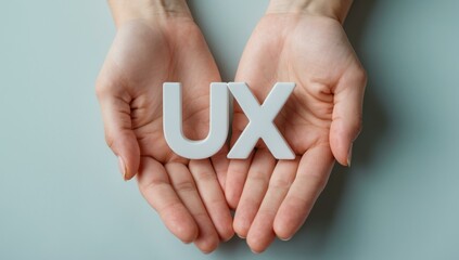 Human hands holding white UX letters, representing user experience design concept, business and technology, soft background, professional, minimalistic, modern digital marketing image tutorial