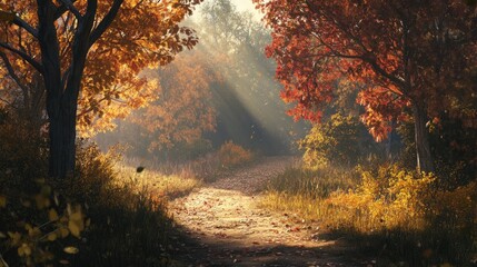 Fall scenery with a forest path covered in golden leaves and sunlight streaming through colorful trees, perfect tranquility