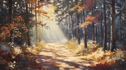 Fall scenery with a forest path covered in golden leaves and sunlight streaming through colorful trees, perfect tranquility
