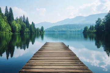 Serene wooden pier extending into calm lake surrounded by lush trees and mountains in bright daylight. Generative AI