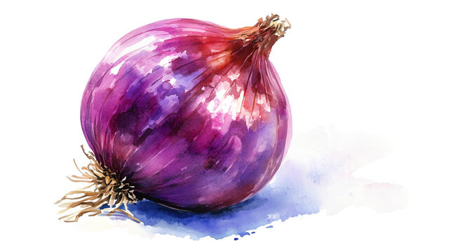 watercolor illustration of one single red onion bulb isolated on white background	