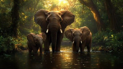 Majestic Elephants Gracefully Standing in Tranquil River Waters Under Clear Blue Sky Creating an Inspiring Connection to Nature and Wildlife Beauty