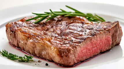 Juicy Grilled Steak with Perfect Pink Center on a White Plate Garnished with Fresh Rosemary and Sprigs of Thyme for Culinary Presentation