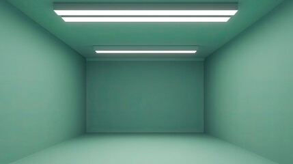 Empty teal room, fluorescent lights, minimalist design, background texture, product display