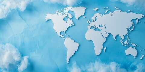 Travel maps simplify organization. World map silhouette over a blue cloud background.