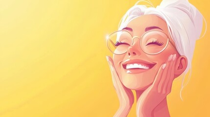 Fototapeta premium senior beautiful woman smile use cream for good skin. face of a healthy woman apply cream and makeup. Advertisement for skin cream, anti-wrinkle, baby face, whitening, moisturizer, tighten pores