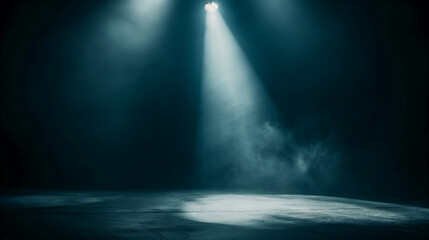 Spotlight shines on a stage with dark curtains and dramatic lighting effects. Generative AI