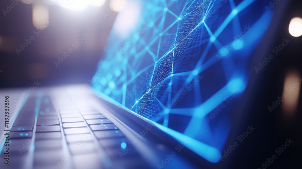 Poster close up of laptop computer with blue polygonal mesh. technology, security and web hacking concept. 