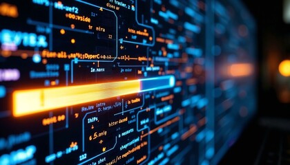 Glowing loading screen with progress bar and digital light effects symbolizing technology