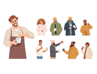Obraz premium barista preparing making professional coffee different people cartoon character drinking hot drink illustration clipart
