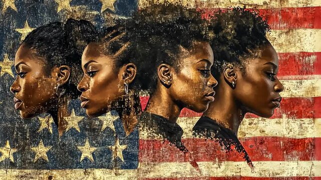 Young women overlaid flag,silhouetted.Portraits fading,artistic feel.Sidebar unity,diversity,and culture.Viewed worn American backdrop.Capture timeless elegance,subtle strength.Symbolism