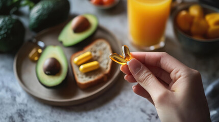 Healthy Lifestyle Concept with Hand Holding Omega-3 Capsules and Nutritious Breakfast Featuring Avocado, Bread, Fruit Juice, and Fresh Ingredients on Table