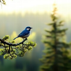 A vibrant blue bird perched on a branch, surrounded by a soft-focus forest background, evoking a serene, tranquil atmosphere.