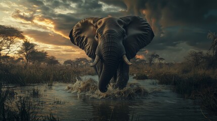 Fototapeta premium Majestic Elephant Wading Through Water Under Dramatic Sky at Dusk