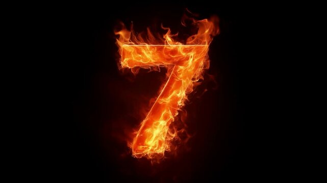 Glowing fiery number 7 isolated on black background