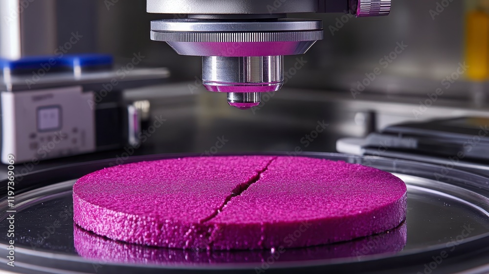 Poster precision material testing close up of a compression test on a purple sample