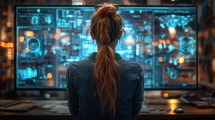 Woman programmer reviewing data on a large monitor.