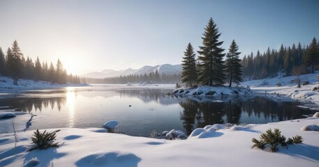 Fototapeta premium A wintery landscape featuring a frozen lake with Christmas tree branches in the background, Colorful winter wonderland, Holiday cheer