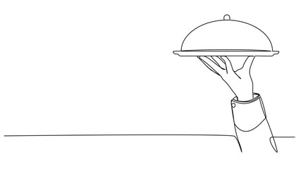animated continuous single line drawing of waiter holding plate with cloche, line art animation