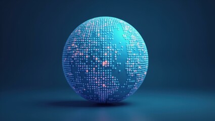 Blue digital globe with glowing data points, representing global technology and innovation, perfect for business, tech presentations, futuristic themes, dark background with neon highlights and moder