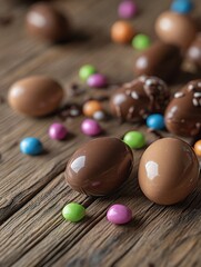 easter, sweets and confectionery concept - close up of chocolate eggs and candy drops on wooden table