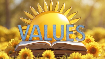 Golden sun with blue "VALUES" text rising above open book, symbolic growth and learning concept for education, motivation, or self-improvement with bright sunflower field and warm sunlight background