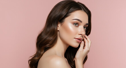 Fototapeta premium Beautiful Woman with Long Brown Hair Smooth Skin and Natural Makeup on Pink Background