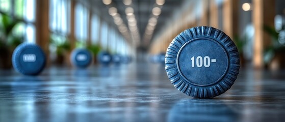 A close-up of a blue weight plate labeled "100" in a gym-like environment.
