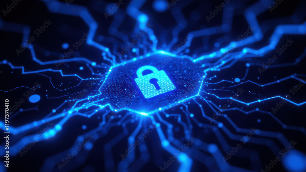 Aufkleber cybersecurity network with a lock symbol at its core, emphasizing internet security and virus protec