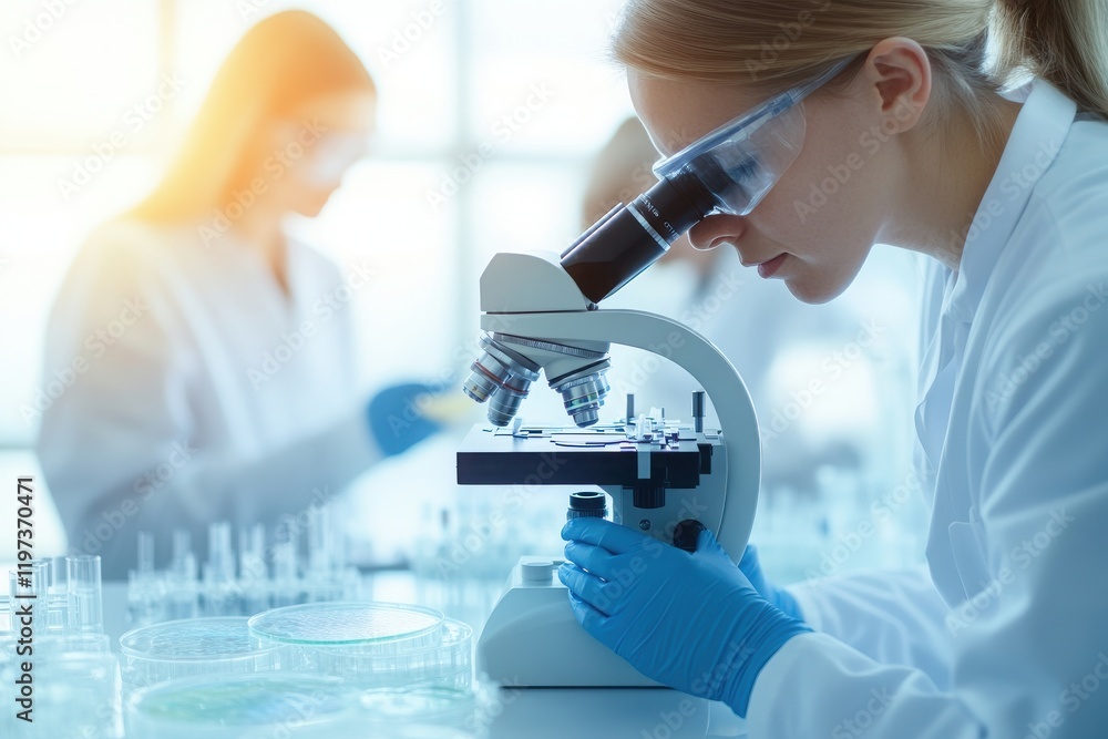 Poster a focused scientist examines samples under a microscope in a modern laboratory setting, showcasing p
