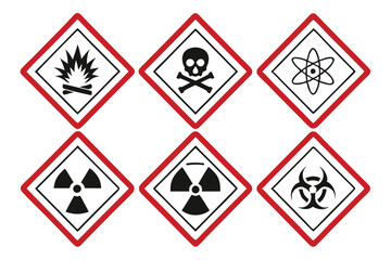 Hazard warning symbols, chemical safety pictograms, red diamond borders, black icons, explosive, flammable, corrosive, toxic, environmental danger, health hazard, compressed gas,   gr