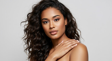 Naklejka premium Stunning Young Woman with Long Curly Brown Hair Smooth Skin and Natural Beauty Portrait