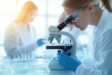 A focused scientist examines samples under a microscope in a modern laboratory setting, showcasing precision and research making.