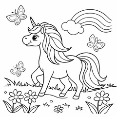 A unicorn with a flowing rainbow mane standing in a meadow surrounded by butterflies and flowers. coloring page for children, outline, education, line, outline, art, sketch