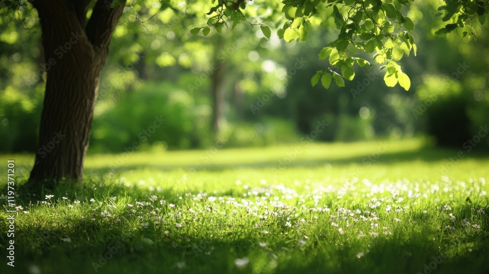 Poster Sunlight filters through leaves in a serene green space ideal for relaxation or contemplation in a garden setting. Generative AI