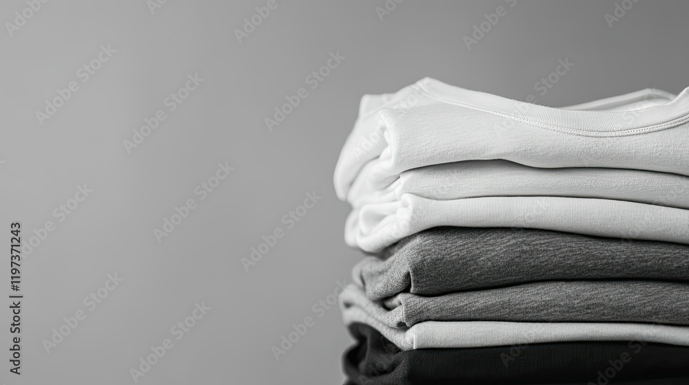 Poster pile of neatly arranged monochromatic t-shirts in grayscale tones, highlighting minimalistic style a