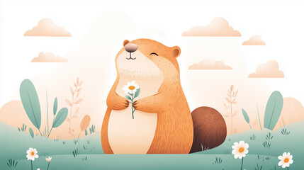 A groundhog in a meadow holding a flower, illustrated in a whimsical watercolor cartoon style, surrounded by soft pastel tones and gentle clouds in the background