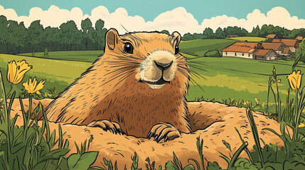 A groundhog peeking out of its burrow, drawn in a retro cartoon style with bold lines, vibrant colors, and a cheerful countryside setting