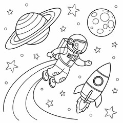 An astronaut floating in space near planets, stars, and a rocket ship coloring page for children, outline, education, line, outline, art, sketch