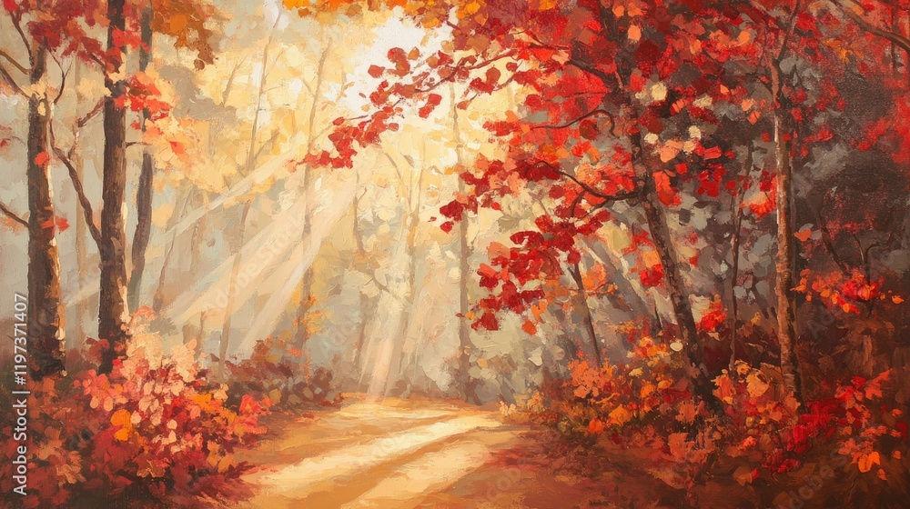 Poster radiant sunlight streams through a canopy of red and orange leaves, creating dappled light patterns 