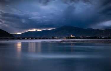 Scenic view of twilight over the river in Tibet during a self-driving tour adventure