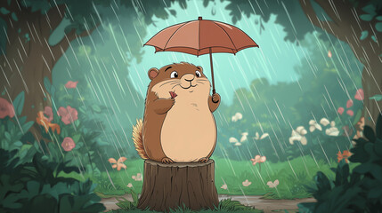 A groundhog standing on a tree stump holding an umbrella in the rain, drawn in a classic cartoon style with detailed facial expressions and lush surroundings