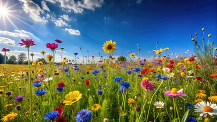 Abundant wildflowers in a field with a clear blue sky on a sunny day, landscape photography, sunny days