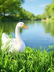 Obraz premium Adorable white goose with bright yellow beak nibbling on green grass by pond, waterfowl, beak, feathers
