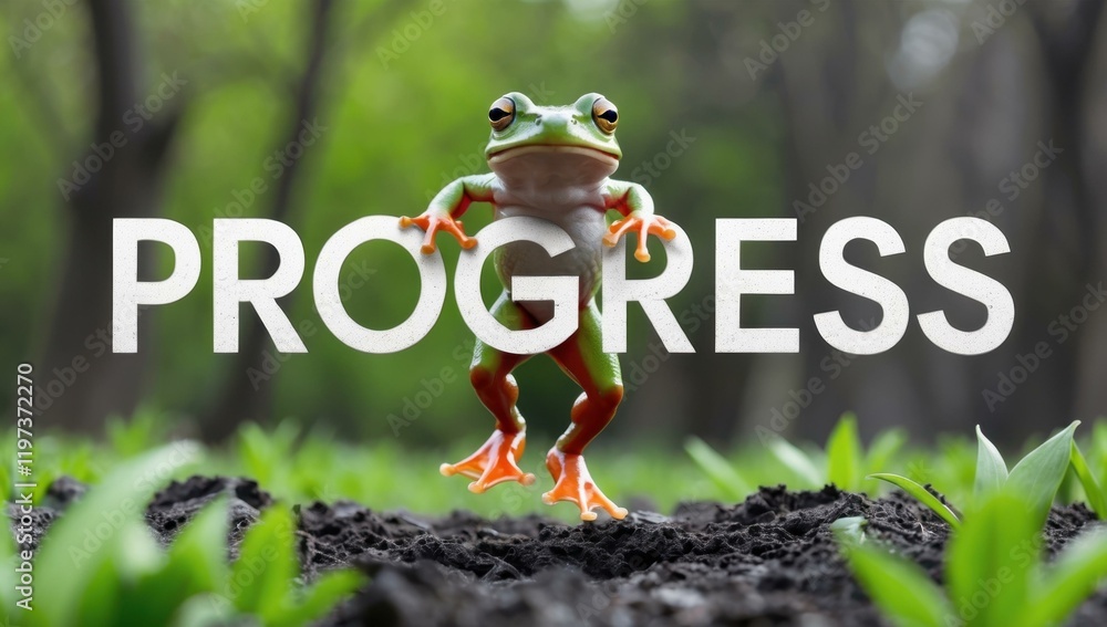 Poster progress text title in center and frog jump bound hop skip spring in bright green white charcoal col