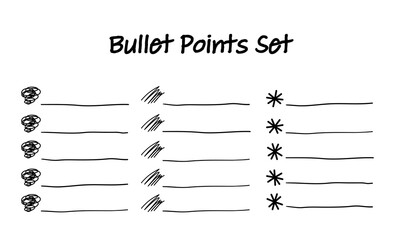 Bullet list set of vector, simple design in three icon in doodle hand drawn style.