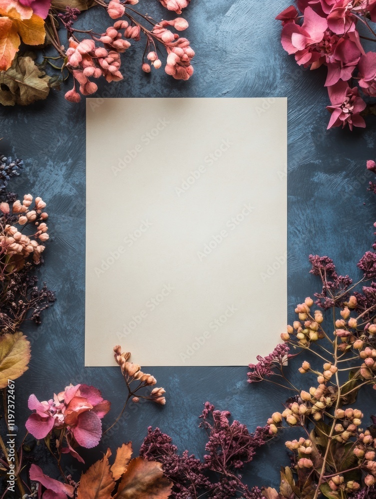 Poster Elegant composition featuring space for text surrounded by dried flowers on a dark blue background. Generative AI