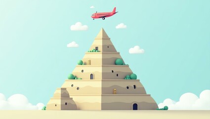 Ancient Egyptian beige stone pyramid with green vegetation and small doorways, airplane flying above, travel and tourism concept, clear blue sky with clouds background for adventure and vacation